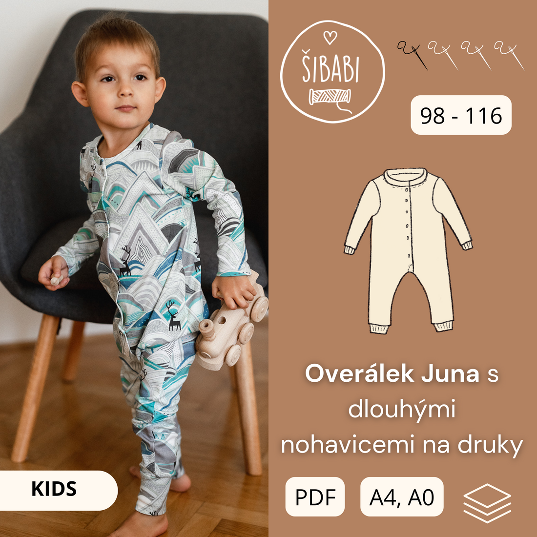 PDF střih na overal pro miminko s dlouhými rukávy a nohavicemi "Juna Kids" 98 -116