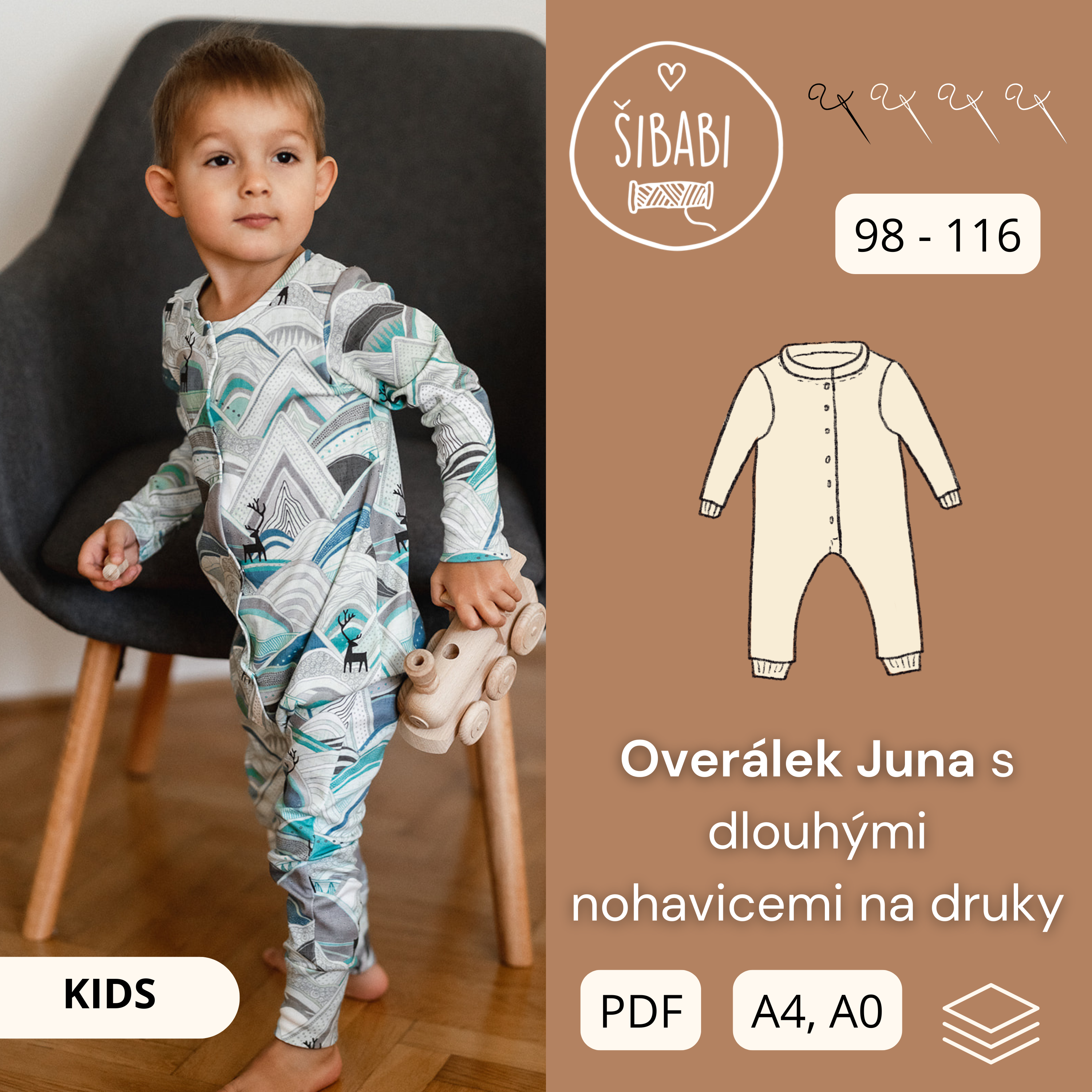 PDF střih na overal pro miminko s dlouhými rukávy a nohavicemi "Juna Kids" 98 -116