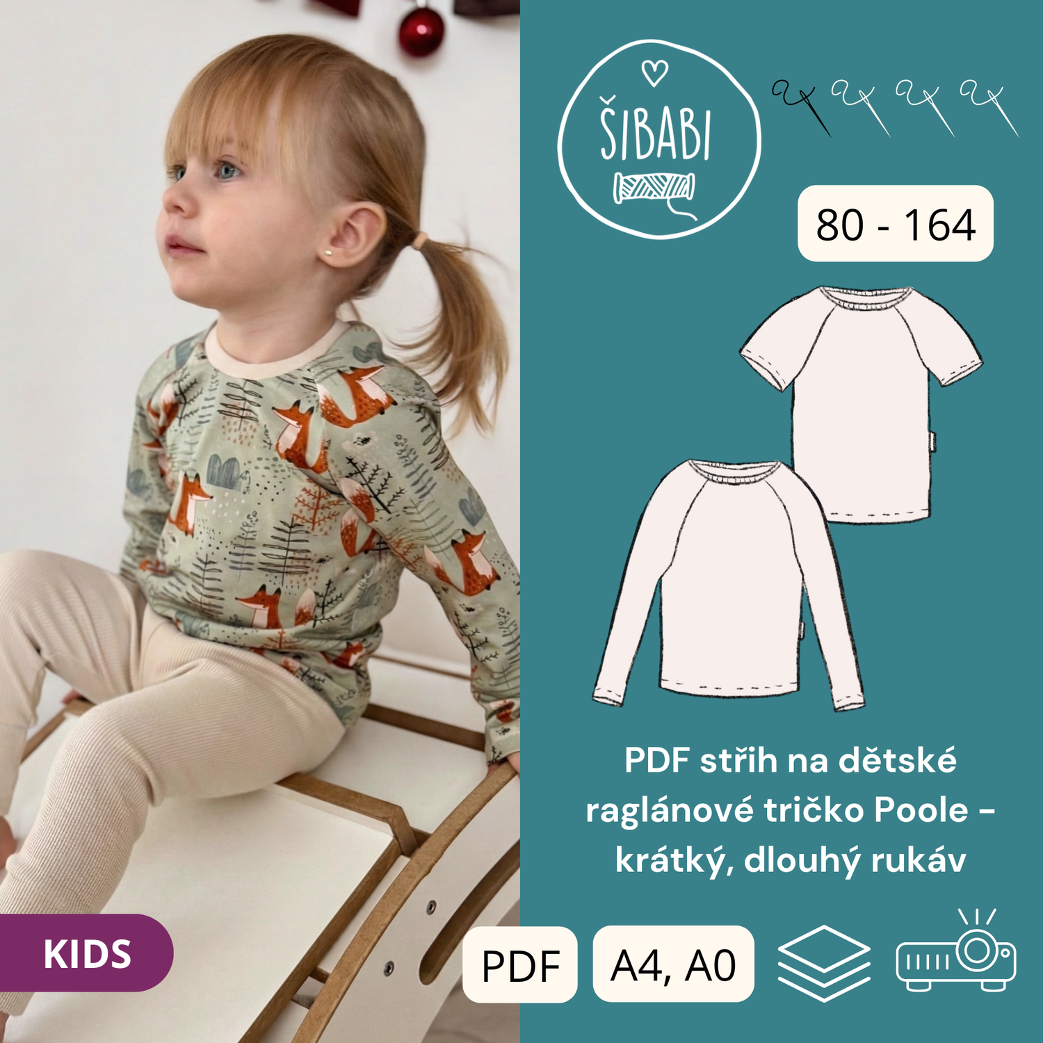 PDF střih na dětské tričko s raglánovým rukávem "Poole" 96 - 164 krátký a dlouhý rukáv